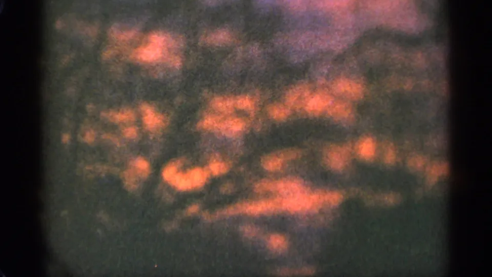 Grainy 1965 home-movie frame showing red-orange sunset color behind shadowed woods.