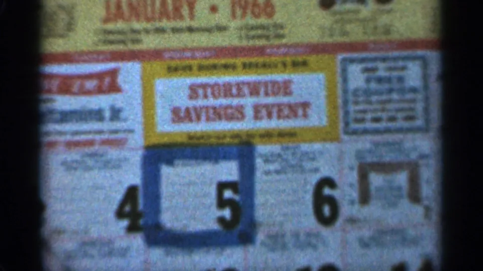 Close-up from Duluth-area 8mm footage showing a January 1966 Storewide Savings Event calendar with dates 4, 5, and 6 visible.