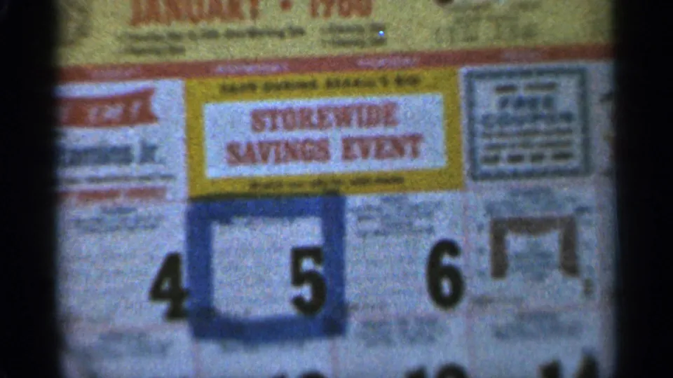 Soft 8mm close-up of a January 1966 retail sale calendar, with Storewide Savings Event text and dates 4, 5, and 6 partly framed.