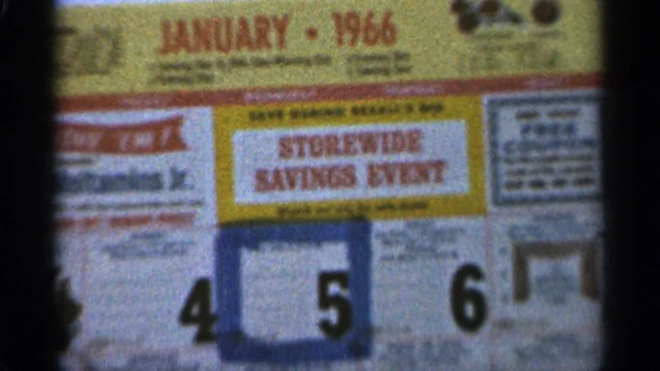 Duluth 8mm frame showing the January 1966 Storewide Savings Event calendar, with the date numbers 4, 5, and 6 prominent.