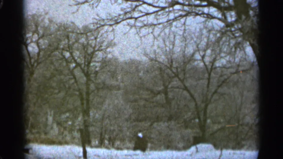 1965 Duluth winter frame with a distant person in dark clothing standing or walking among snowy bare trees.