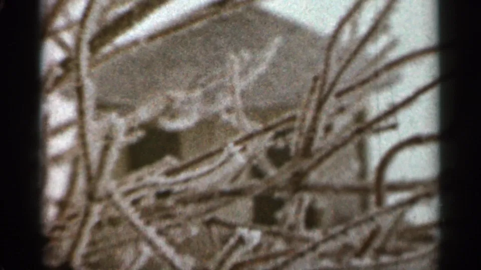 1965 Duluth home-movie frame with tangled leafless branches across a muted, snow-dusted building exterior.