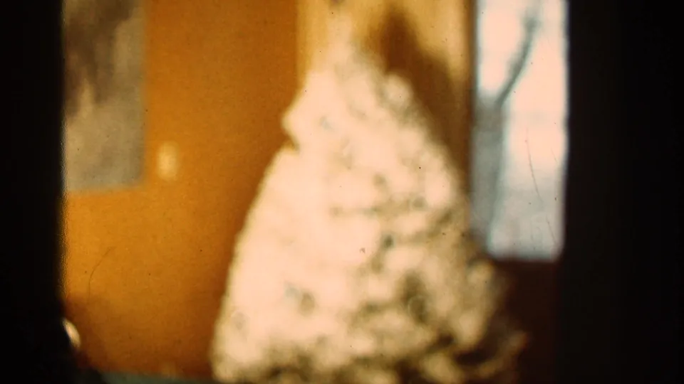 1965 Duluth interior frame with a softly focused Christmas tree near a window and warm orange wall tones.