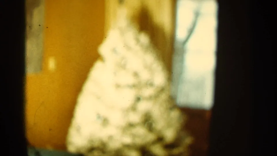 Final Duluth holiday frame showing the indistinct decorated tree, warm interior wall, and bright window in soft 8mm focus.
