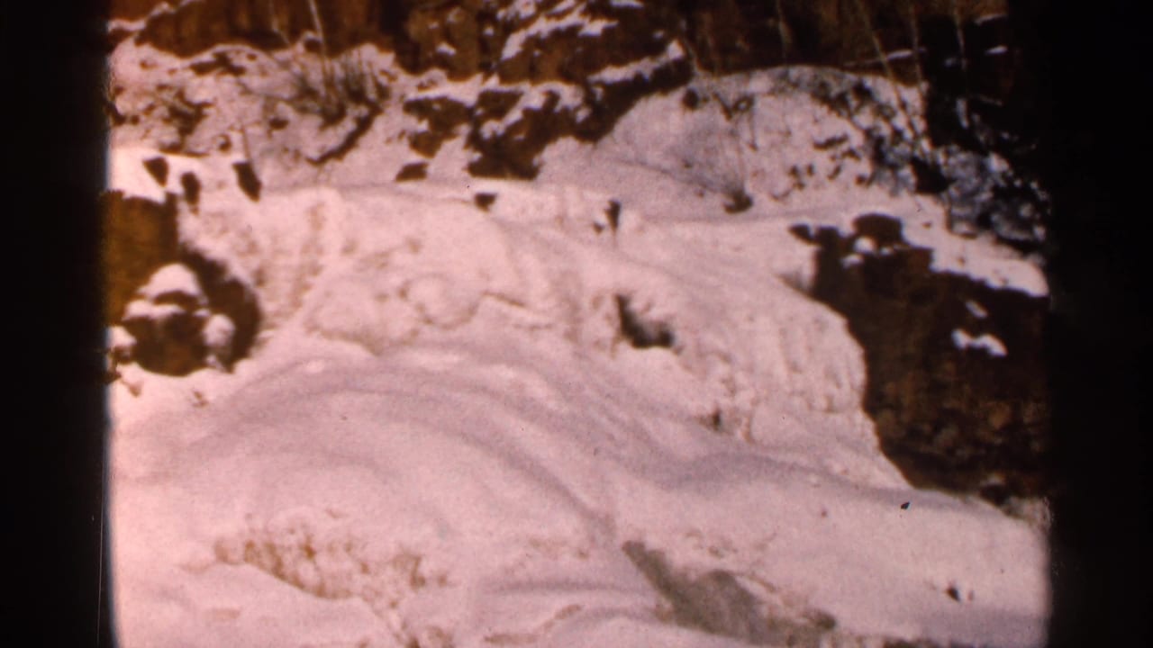 Snow-covered rock face with dark exposed stone and brush at the top edge.