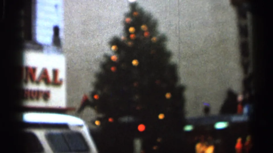 1966 Florida street-view frame showing a decorated Christmas tree, a partial commercial sign, and a white vehicle at the lower edge.