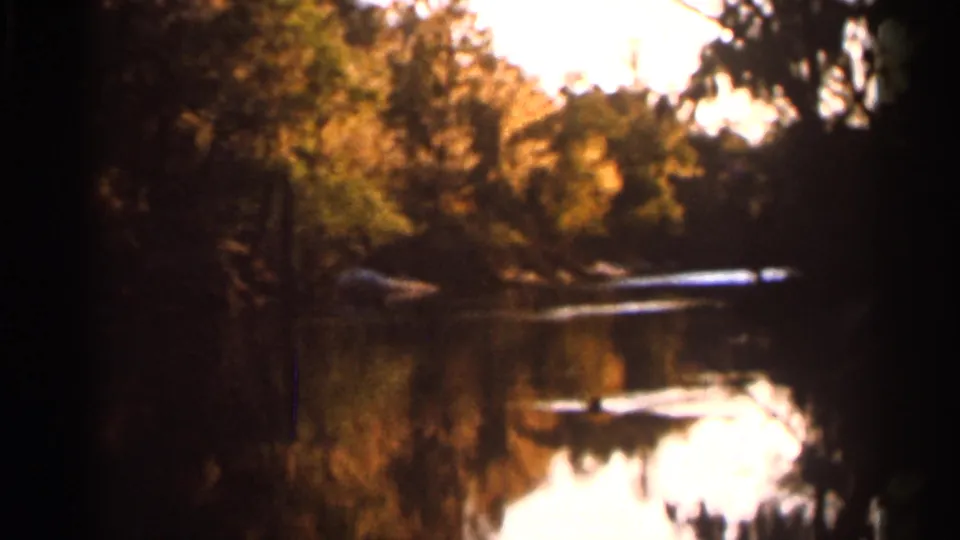 1966 Florida home-movie frame of a calm river, dense trees, and a pale boat or dock-like shape near the far shore.