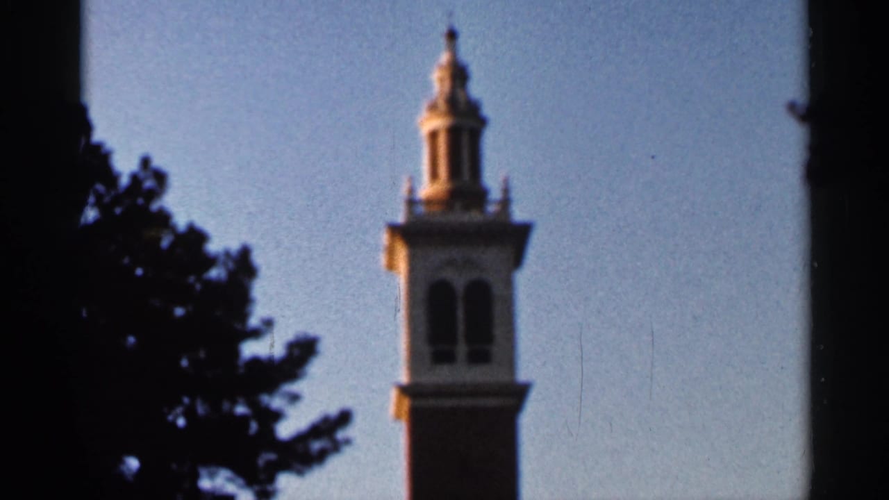 Tall tower rising behind dark tree silhouettes under a blue sky.