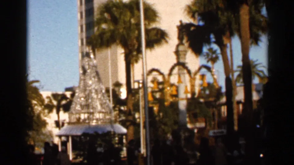 A wider 1966 Florida view shows the decorative tree near palms, a flagpole, arched street ornamentation, and small distant people or vehicles.