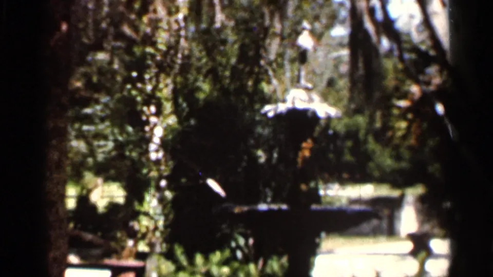 1966 Florida home-movie frame of a garden fountain spraying water, surrounded by foliage, with a distant walker partly visible.