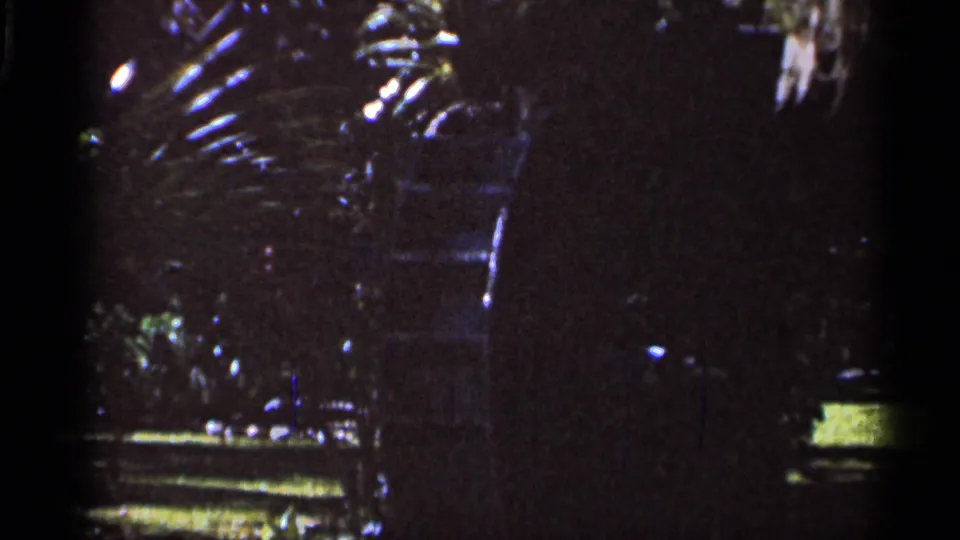 Darker 8mm frame from the Florida park clip, with shadowed foliage, bright lawn patches, and indistinct garden features.