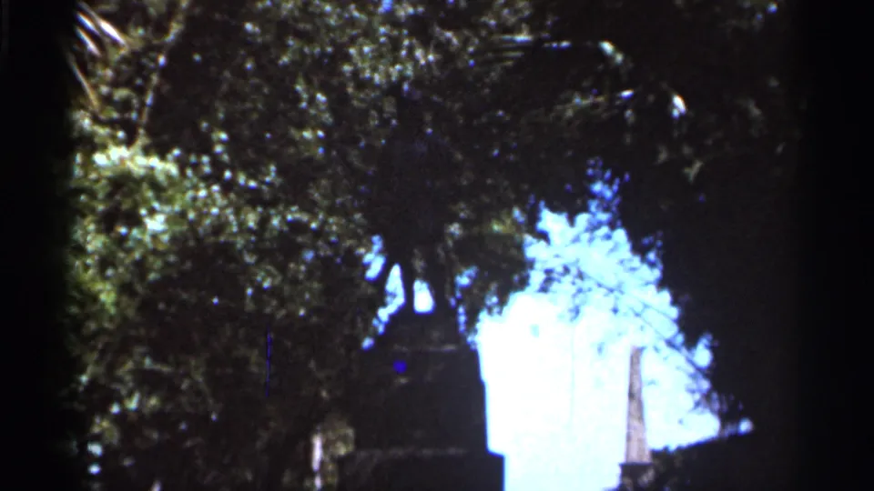 1966 Florida home-movie frame looking through dark trees toward bright sky and a distant obelisk-like monument or structure.