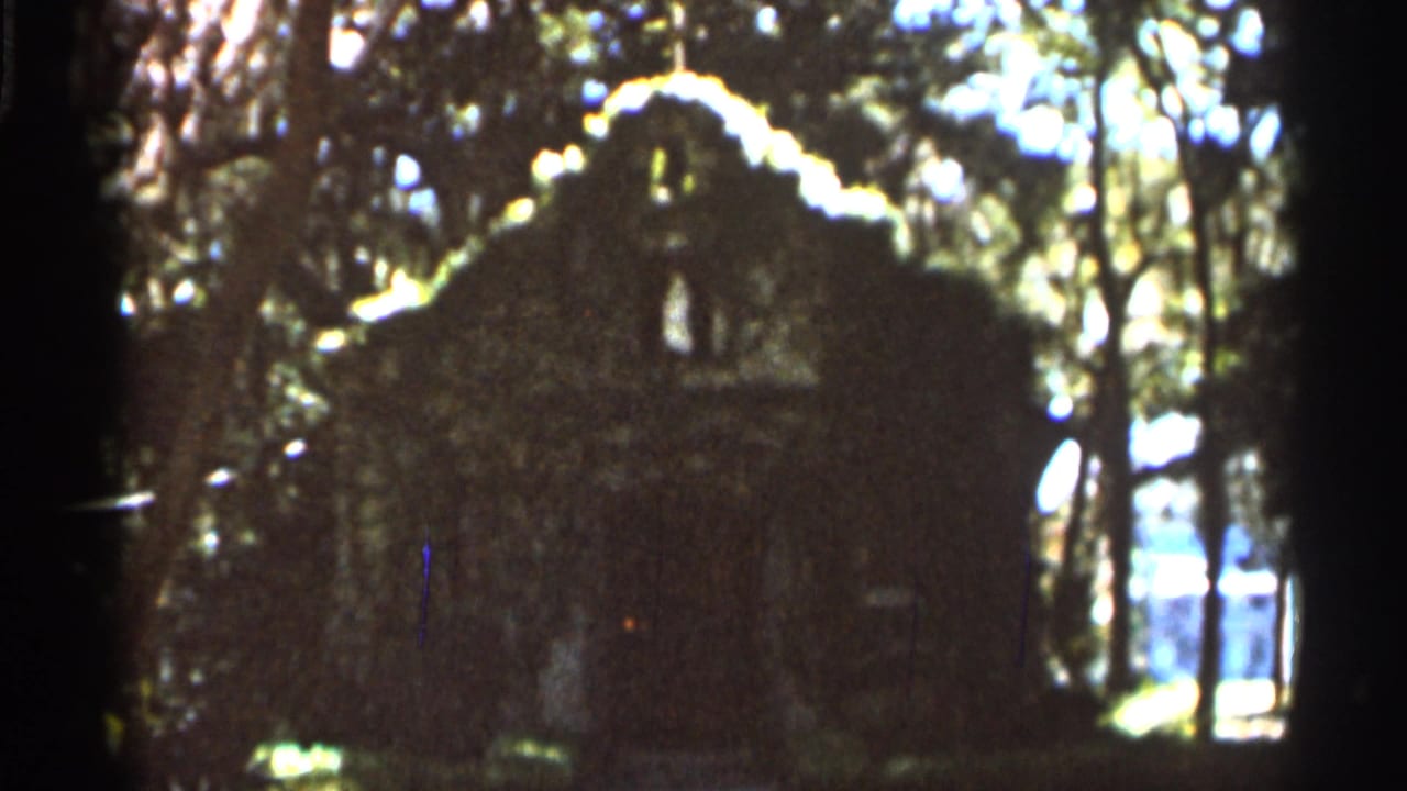1966 Florida 8mm frame showing a dark cabin-like structure in shaded woods with bright foliage and sky behind it.