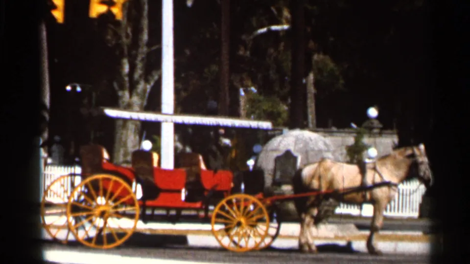 1966 Florida frame with a horse-drawn carriage moving past a white fence, trees, and street signals near Castillo de San Marcos.