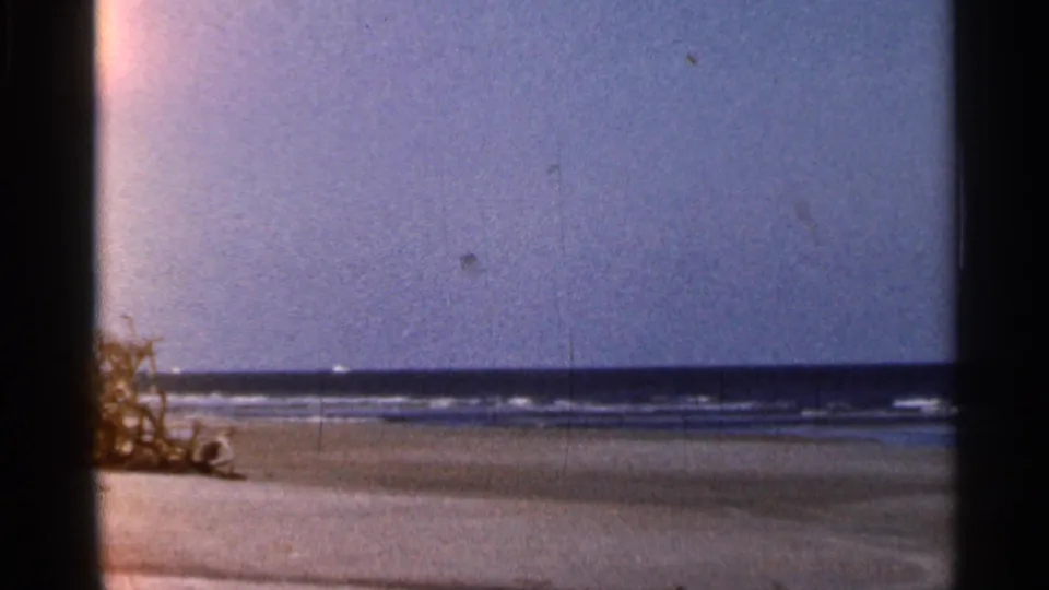 1966 Florida beach frame showing open sand, gentle surf, blue sky, and sparse branches near the shoreline.