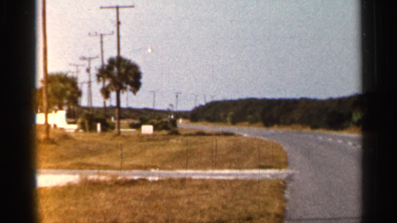 1966 Florida home-movie frame showing a curving rural road with dry grass, palm trees, utility poles, and a distant tree line.