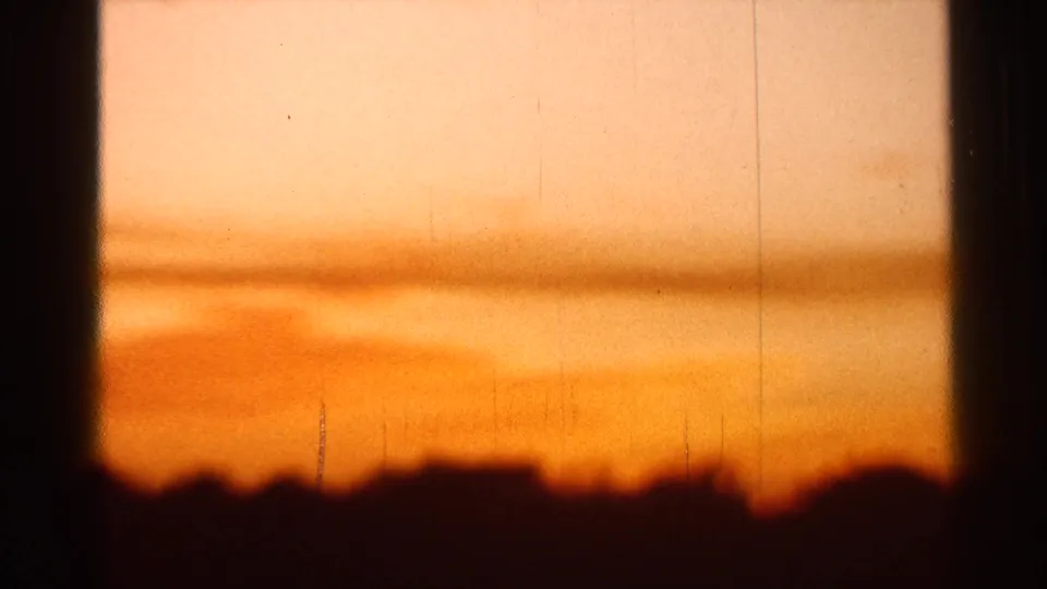 1966 Florida 8mm frame showing a warm orange sunset over a silhouetted citrus-grove horizon.