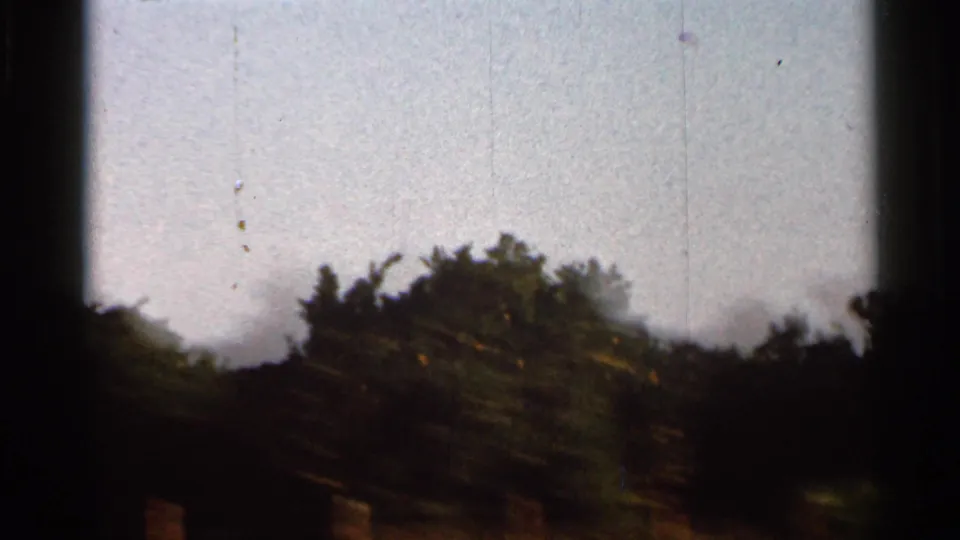 Opening 1966 Florida 8mm frame with underexposed trees, pale sky, and visible gate edges before the orange grove view settles.