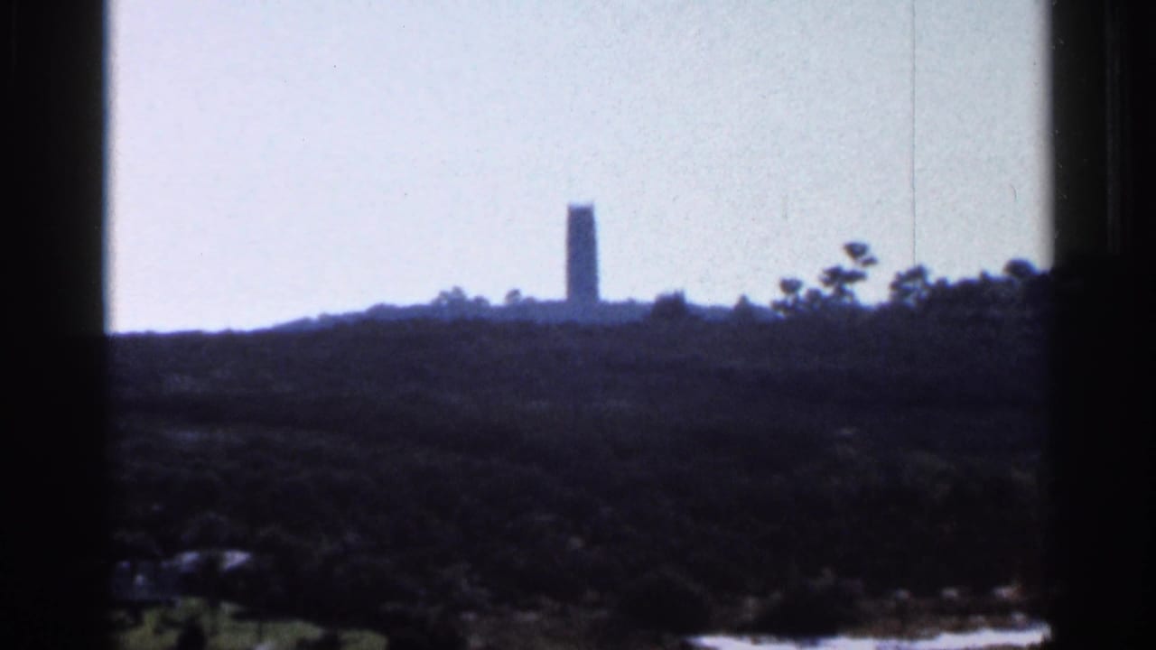 Distant slender tower above a wooded horizon seen through a dark window frame.