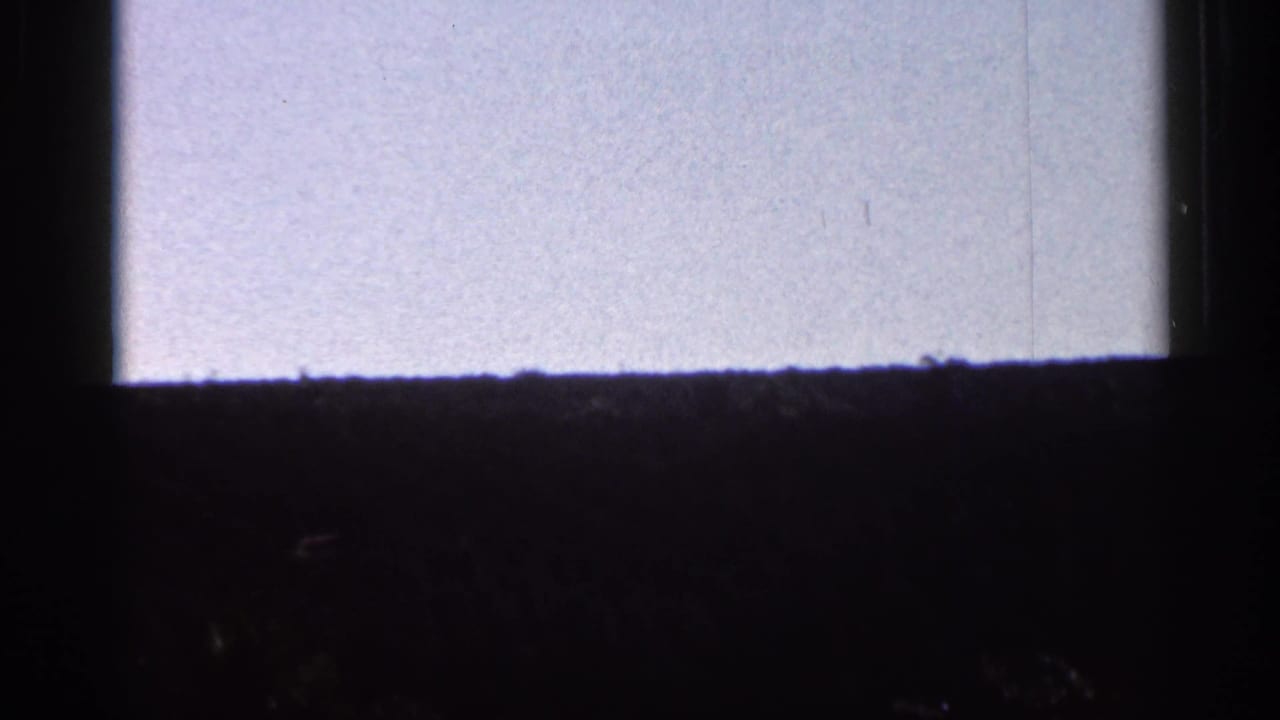 Dark window-like obstruction with pale sky and a low wooded horizon beyond.