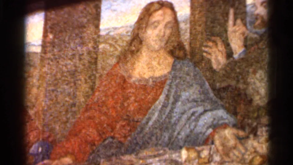 1966 Florida 8mm close-up of the central figure and nearby disciples in a filmed Last Supper reproduction.