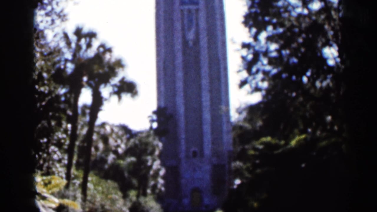 1966 Florida 8mm frame showing a tall ornate tower seen through palm trees and dense foliage under bright sky.