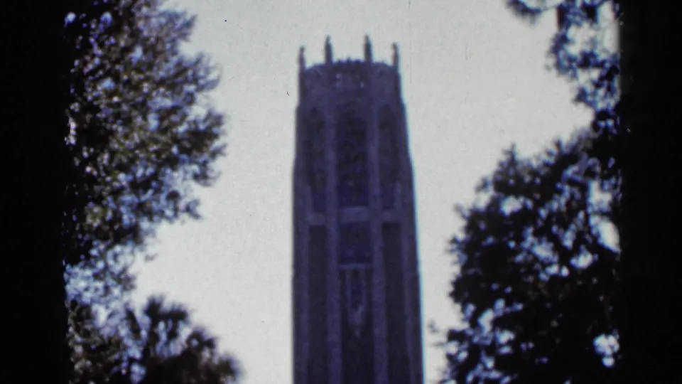 Vintage Florida home-movie frame with a crenellated tower centered between tree branches and palm foliage.