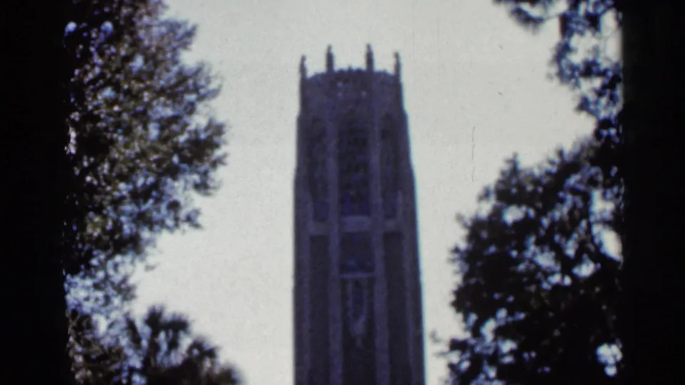 1966 Florida 8mm still showing the tower from a slightly lower angle, bordered by leafy trees and palms.