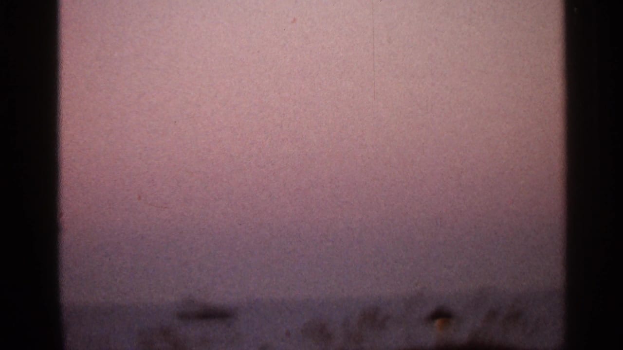 1966 Florida home-movie frame showing a dusky shoreline, water, a small boat shape, and a small lamp or light near the plants.