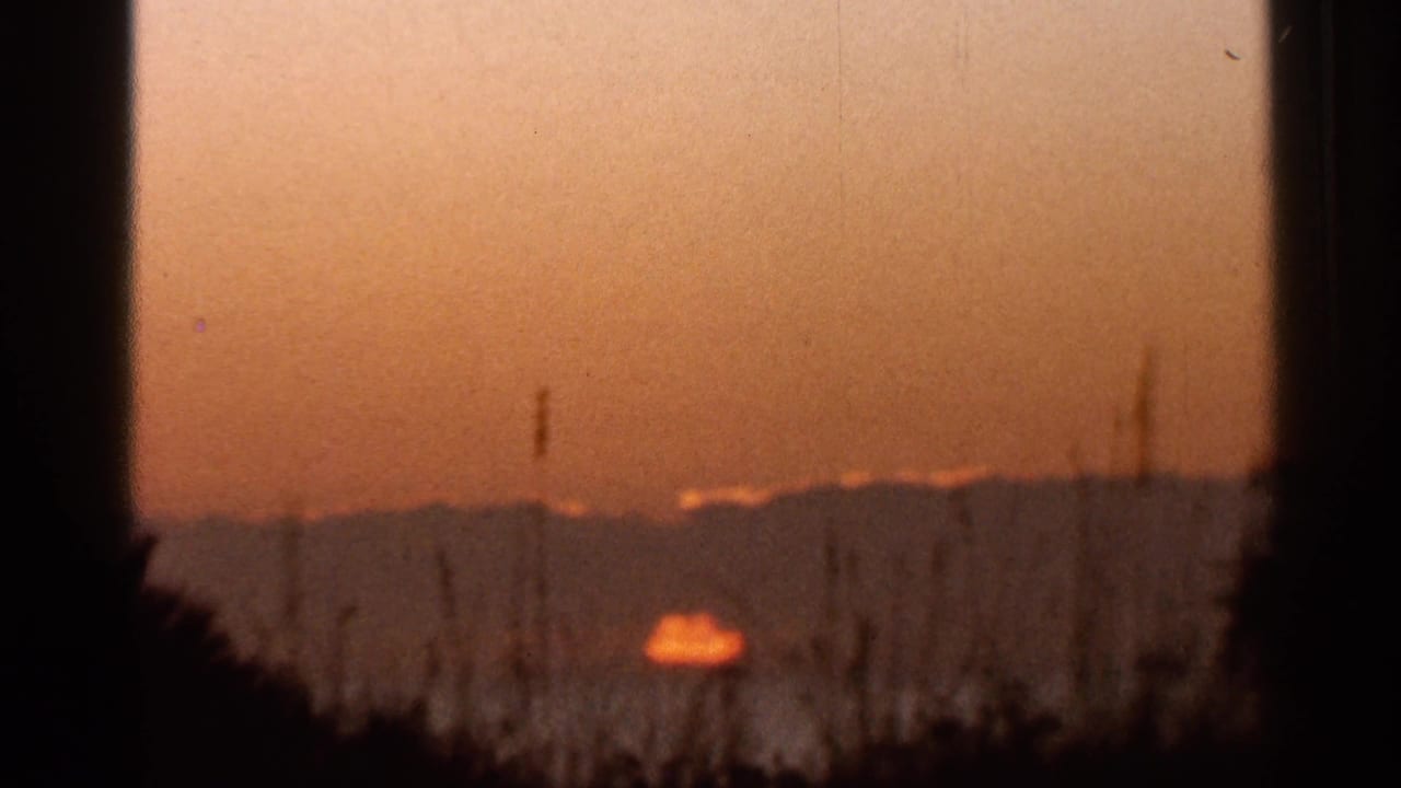 1966 8mm home-movie frame showing an orange sun low behind dark brush and distant hills in Florida metadata.