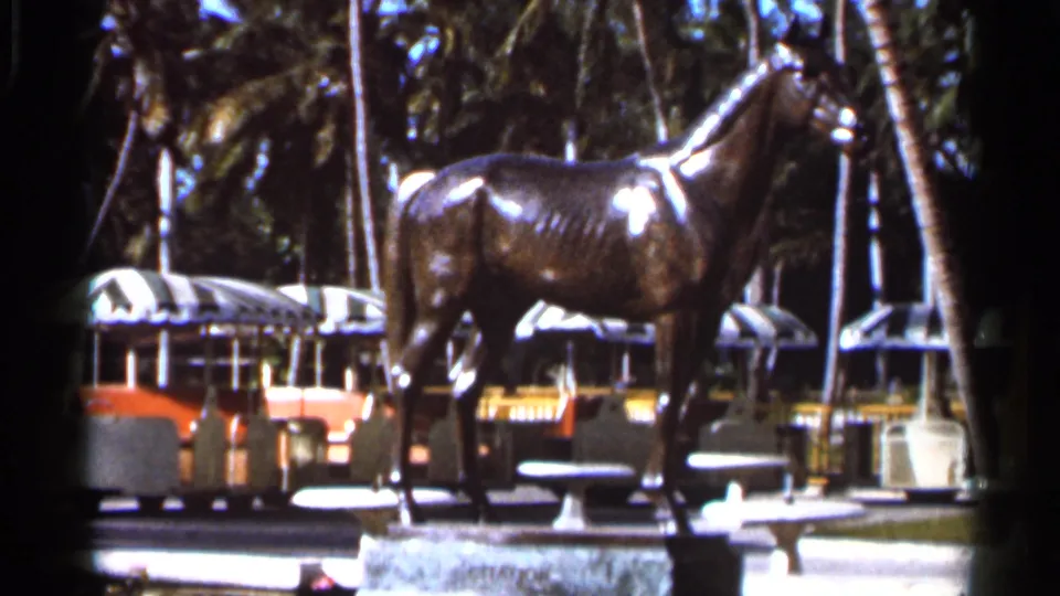 A bronze horse statue remains centered near palm trees and tram cars, with soft 8mm color and visible frame edges.