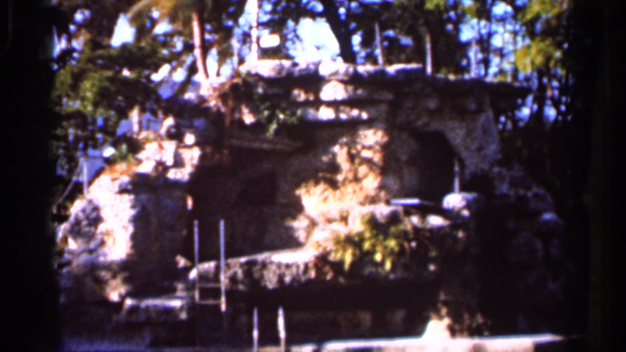 1966 Florida home-movie frame of a shaded rock ledge above a pool, with railings, trees, foliage, and bright exposure flare.