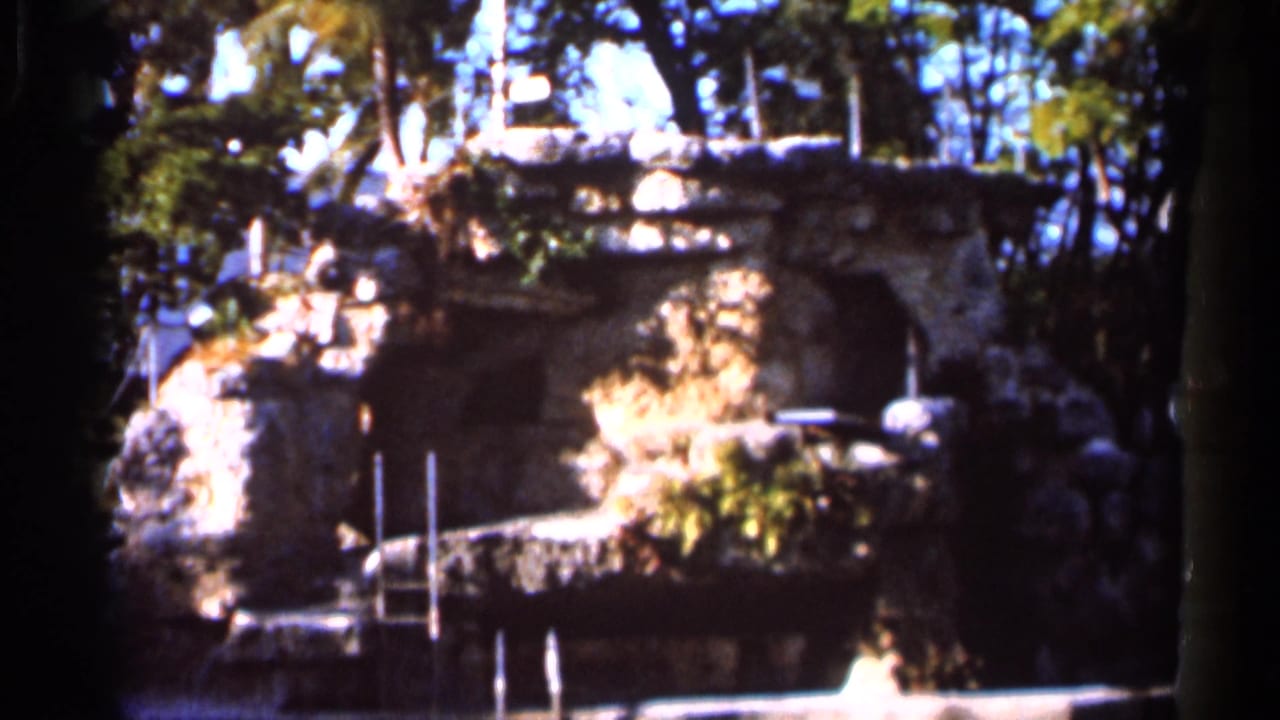 Rocky garden structure beside water with railings and trees in deep shade.