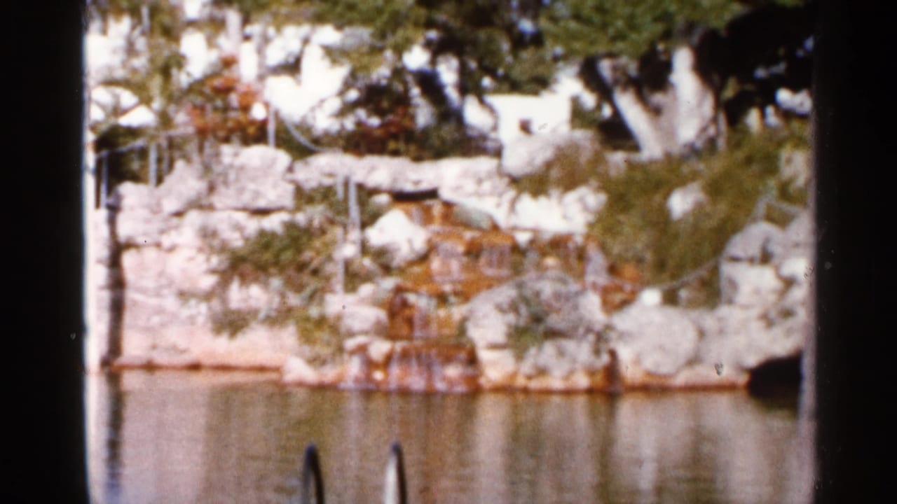 1966 Florida 8mm view of landscaped rockwork, a narrow waterfall, foliage, reflective water, and ladder rails near the foreground.