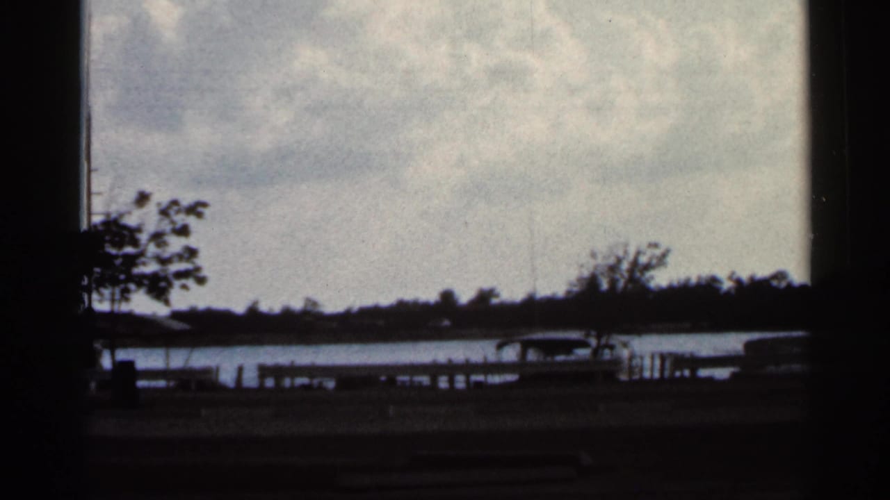 Dark-framed view across water toward a low shoreline with trees and parked vehicles.