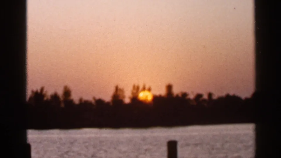 Warm Florida sunset frame with silhouetted trees, water in the foreground, and a single vertical post near the lower edge.