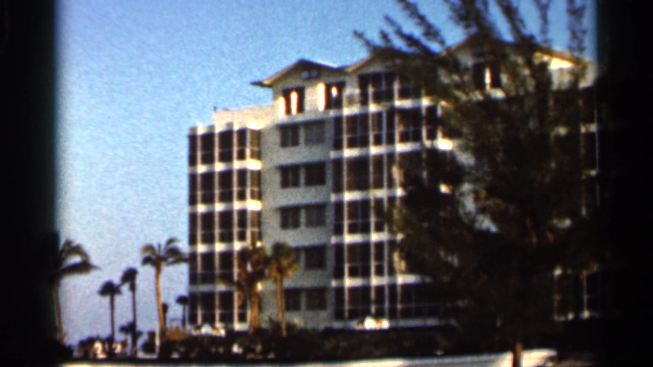 1966 Florida coastal view showing a multi-story waterfront building, palm trees, and foreground vegetation in soft 8mm color.