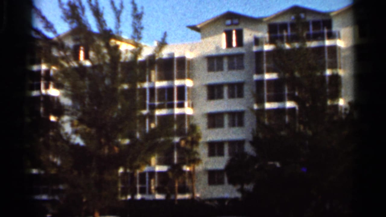 A Florida waterfront building appears behind trees and palm fronds in a soft, grainy 1966 8mm home-movie frame.