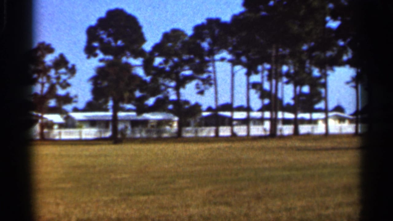 Mobile homes behind a white fence with tall pine trees and open grass.