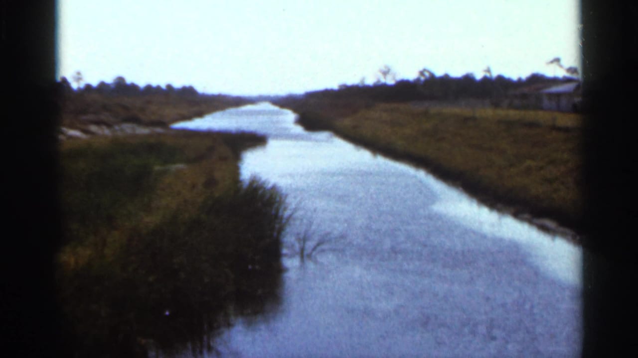1966 Florida home-movie view of a calm canal bordered by marsh vegetation and distant low buildings.