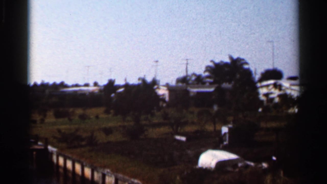 1966 Florida 8mm frame showing a tropical waterfront bank with palms, a dock edge, utility poles, and low houses or similar structures.
