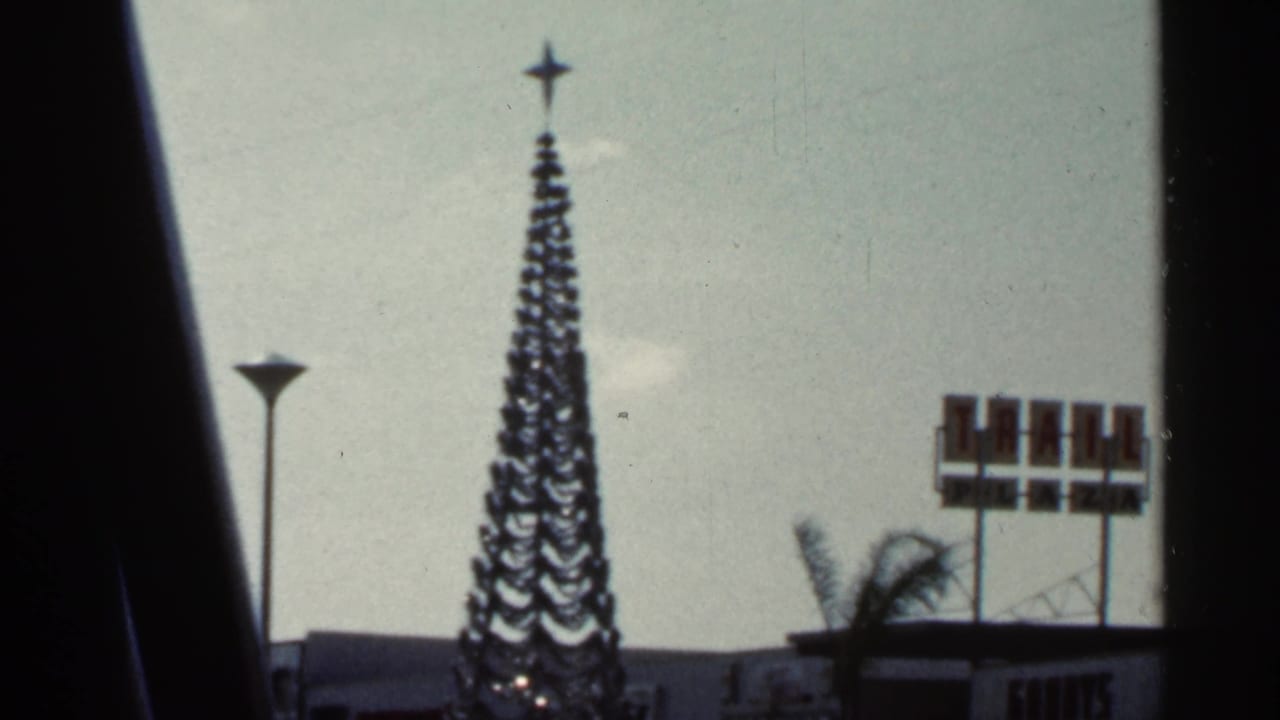 1966 Florida home-movie frame showing a tall decorated Christmas tree outdoors near palm trees and signage.