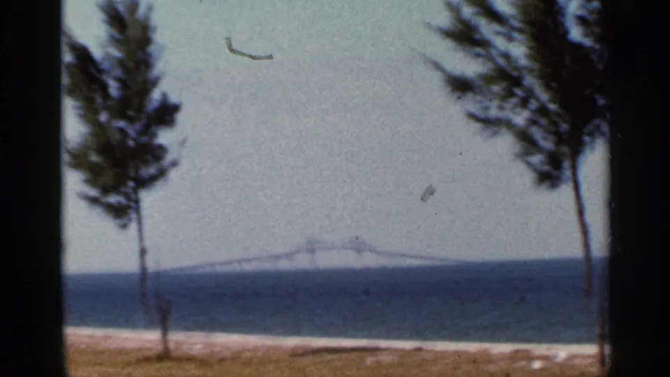 Final 1966 Florida home-movie frame with windblown trees, beach, bay water, and a faint distant bridge.