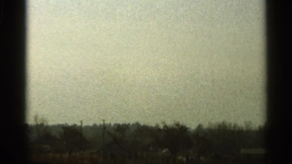 A grainy 1966 Florida 8mm frame shows a low tree line and possible distant rooftops under a muted evening sky.