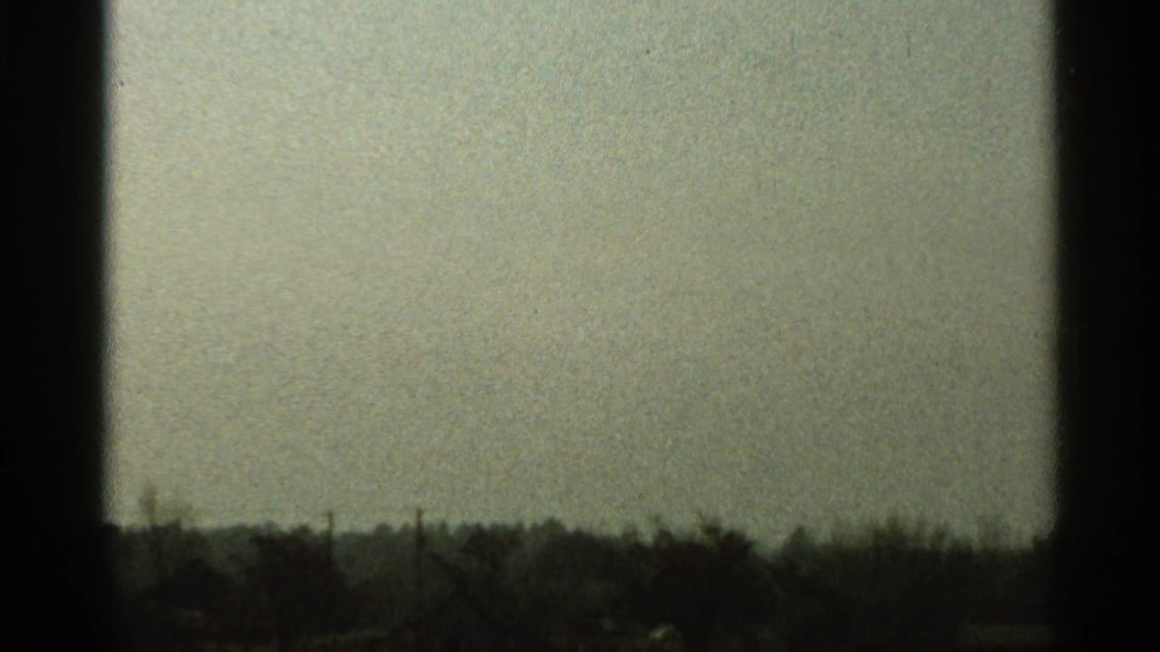 The final 1966 Florida home-movie frame shows a dim sky over dark tree silhouettes and a distant rural-looking horizon.