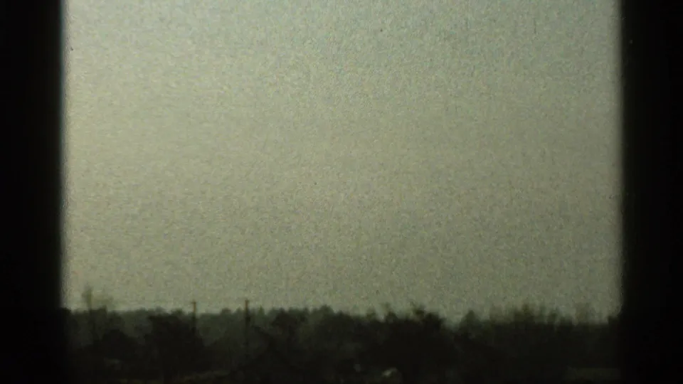 The final 1966 Florida home-movie frame shows a dim sky over dark tree silhouettes and a distant rural-looking horizon.