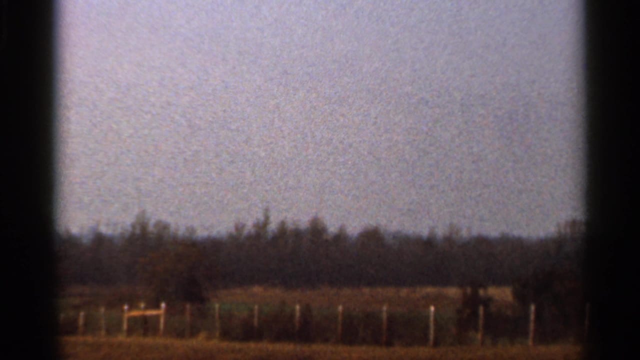 1966 Florida 8mm frame showing a fenced rural field, dry brown grass, distant tree line, and soft faded color.