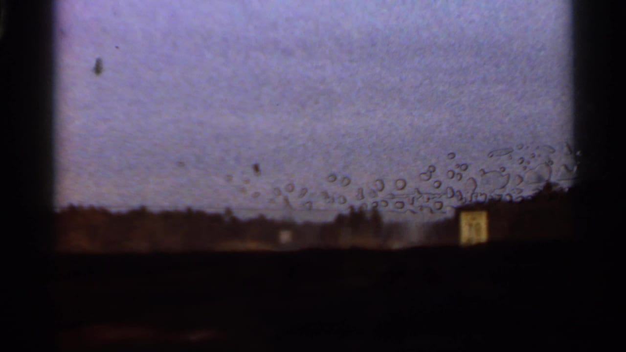 1966 Florida 8mm roadside frame with a low tree line, small roadside sign, hazy sky, and visible film or window artifacts.