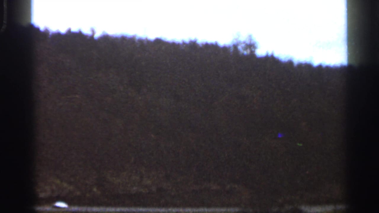 End frame of a 1966 Georgia rural road view, showing a wooded hill, bright sky, and dark film borders.