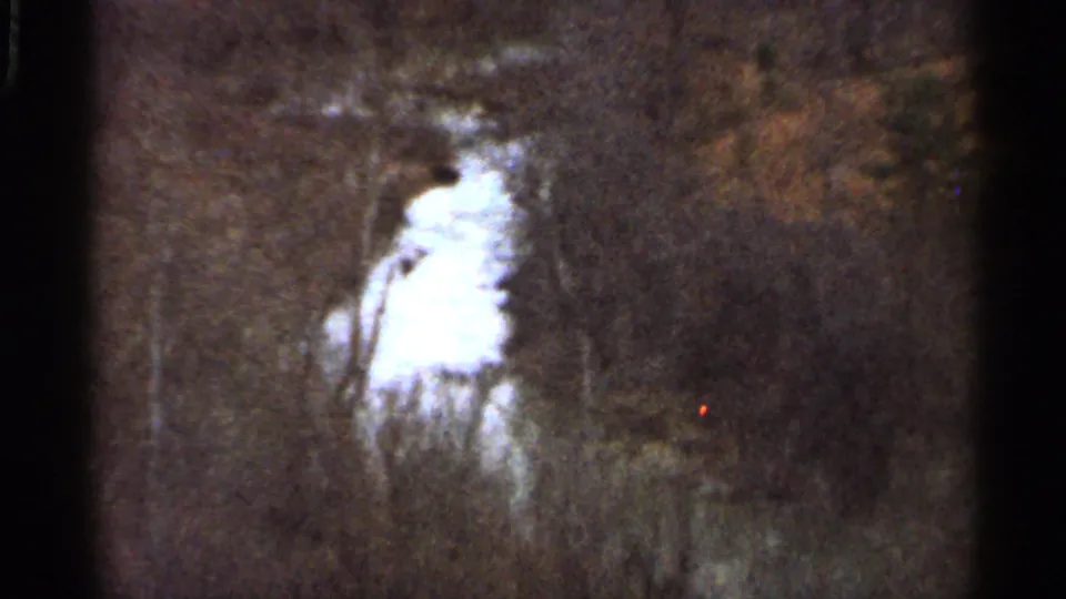 1966 Georgia 8mm frame with brush, dark woods, and a bright irregular stream or path crossing the lower landscape.